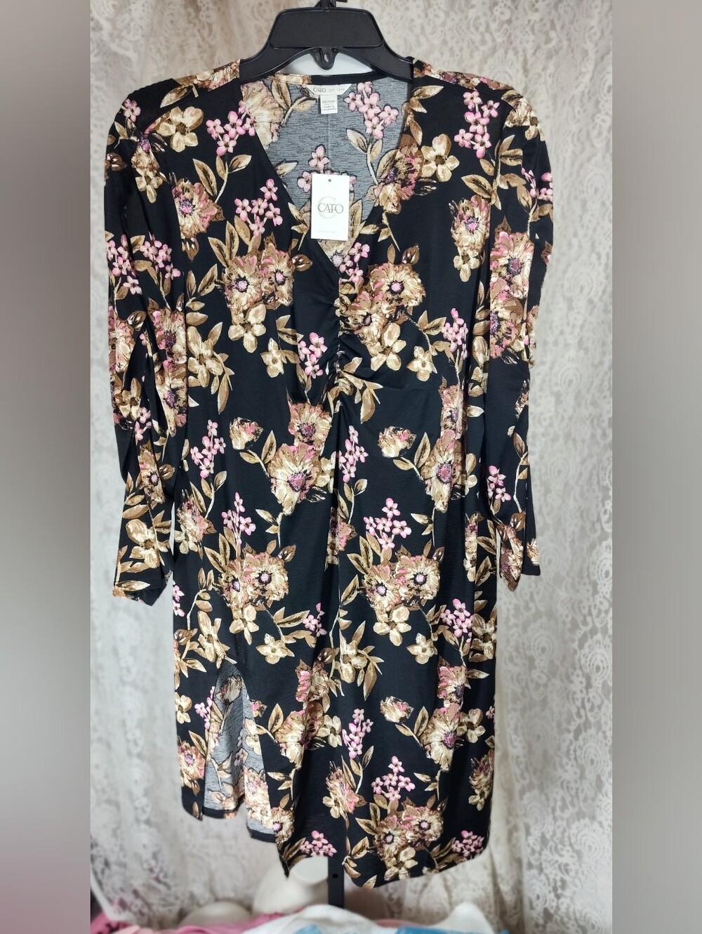 Cato Black Floral Wrap Dress Tunic with Pink & Gold Blooms